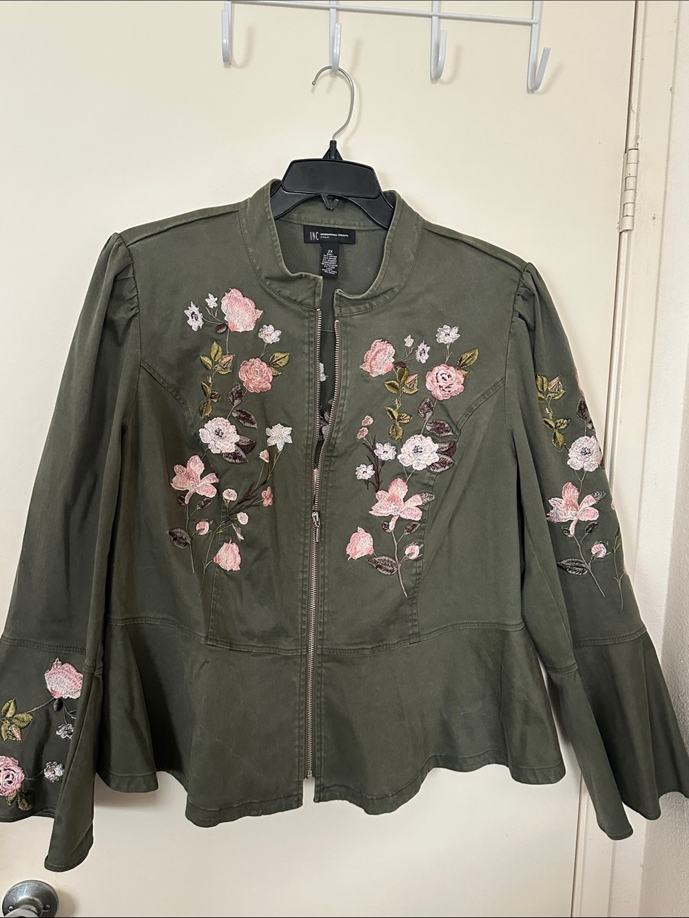 INC International Concepts Olive Green Floral Zip Front Utility Jacket